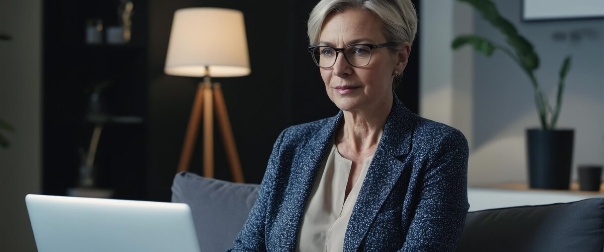 Ältere Dame, die in Jöbbörsen recherchiert